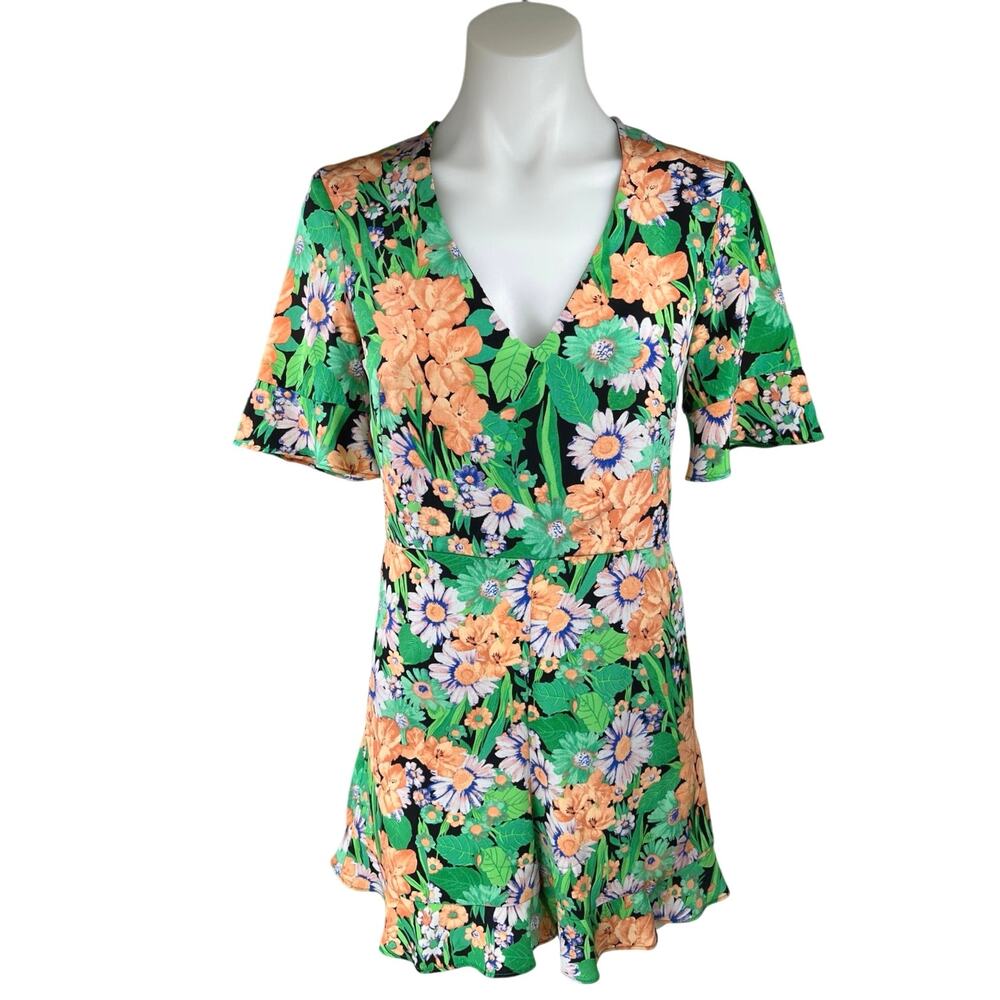 Sandro Eudelin Green 100% Silk Multicolor Floral Short Sleeve Romper Shorts Sz 4